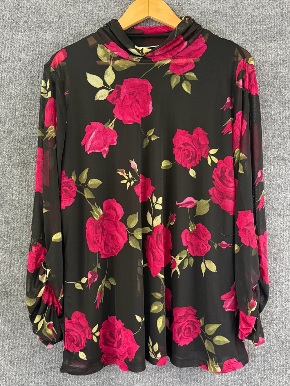 Susan Graver Womens XL Floral Mesh Overlay Top Attached Tank Black Pink Feminine